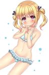  bad_anatomy bikini blonde_hair blue_bikini breasts frilled_bikini_bottom girlish_number groin hands_up highres looking_at_viewer navel pink_eyes short_twintails small_breasts solo sonou_momoka suiren_fuyu swimsuit twintails 
