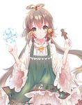  :o bangs bell blush brown_hair dress eyebrows_visible_through_hair fingernails food gingerbread_man green_dress green_eyes hair_bell hair_between_eyes hair_ornament head_tilt hexagram highres holding holding_food long_hair long_sleeves low_twintails luo_tianyi parted_lips shirt sidelocks simple_background solo star star_of_david twintails very_long_hair vocaloid vocanese white_background white_shirt wide_sleeves yaduo 