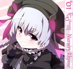  :d bad_id bad_pixiv_id bangs beret black_bow black_dress black_gloves black_hat blush bow braid character_name collar copyright_name doll_joints dress eyebrows_visible_through_hair fate/extra fate_(series) frilled_collar frills gloves gothic_lolita hair_between_eyes hair_bow hand_up hat head_tilt index_finger_raised lolita_fashion looking_at_viewer low_twintails nursery_rhyme_(fate/extra) open_mouth puffy_short_sleeves puffy_sleeves purple_eyes short_sleeves silver_hair smile solo striped striped_bow twin_braids twintails wada_kazu 
