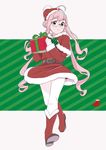  belt boots box brown_eyes capelet full_body fur-trimmed_capelet fur-trimmed_dress fur_trim gift gift_box glasses gloves green_background hair_bun hat holding holding_gift kantai_collection long_hair makigumo_(kantai_collection) ojipon pantyhose pink_hair red_capelet red_footwear santa_boots santa_costume santa_hat smile solo standing striped striped_background white_background white_gloves white_legwear 