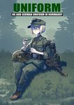  ammunition_pouch ankle_boots badge bayonet belt belt_buckle blonde_hair blue_eyes boots buckle commentary_request cover cover_page dirty doujin_cover entrenching_tool erica_(naze1940) gaiters grass hat helmet highres holding holding_pipe load_bearing_equipment mess_kit military military_uniform neckerchief original pipe pouch reichsadler short_hair shovel sitting sleeves_rolled_up soldier stahlhelm uniform world_war_ii 