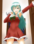  30-06 ;d aqua_eyes aqua_hair blush breasts carrying_over_shoulder christmas_tree_hair_ornament detached_sleeves dress fur_trim hair_ornament highres kantai_collection large_breasts long_hair looking_at_viewer one_eye_closed open_door open_mouth red_dress sack santa_costume short_dress smile solo suzuya_(kantai_collection) v-shaped_eyebrows very_long_hair window 
