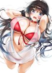  :d arms_up bikini black_hair blue_eyes blush breasts commentary_request huge_breasts long_hair navel ogino_atsuki open_mouth smile swimsuit swimsuit_under_clothes wavy_hair 