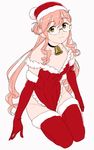  alternate_costume bell bell_choker brown_eyes choker elbow_gloves full_body fur-trimmed_gloves fur-trimmed_legwear fur_trim glasses gloves hat kantai_collection leotard long_hair looking_at_viewer makigumo_(kantai_collection) ojipon pink_hair santa_hat simple_background solo thighhighs very_long_hair white_background 
