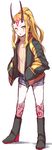  absurdres alternate_costume bad_id bad_pixiv_id beige_sweater black_footwear black_jacket blonde_hair blue_shorts boots closed_mouth contemporary facial_mark fate/grand_order fate_(series) full_body hands_in_pockets high_ponytail highres horns ibaraki_douji_(fate/grand_order) jacket long_hair long_sleeves looking_at_viewer oni oni_horns open_clothes open_jacket orange_eyes ponytail ribbed_sweater short_shorts shorts sidelocks simple_background sketch smile solo standing sweater tattoo tongue tongue_out v-shaped_eyebrows very_long_hair wada_kazu white_background 