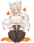  animal_ears autumn_leaves bare_shoulders between_legs black_gloves black_legwear blush breasts closed_mouth detached_sleeves full_body gloves hand_between_legs huge_breasts inubashiri_momiji kneeling no_hat no_headwear pom_pom_(clothes) ribbon-trimmed_sleeves ribbon_trim sachito simple_background sitting smile solo tail thighhighs touhou v_arms white_background wolf_ears wolf_tail 