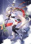  absurdly_long_hair ahoge black_legwear blonde_hair blush boots capelet closed_mouth dress eyebrows_visible_through_hair fate/grand_order fate_(series) floating from_side full_body fur_trim hair_ribbon headpiece holding jeanne_d'arc_(fate)_(all) jeanne_d'arc_alter_santa_lily kangetsu_(fhalei) lance long_hair looking_at_viewer looking_to_the_side polearm red_ribbon ribbon short_dress solo thighhighs very_long_hair weapon white_dress yellow_eyes 