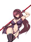 absurdres adapted_costume armpits aster_crowley blush breasts cleavage covered_nipples fate/grand_order fate_(series) gae_bolg gloves highres holding holding_weapon huge_breasts long_hair looking_at_viewer navel polearm purple_gloves purple_hair purple_legwear red_eyes scathach_(fate)_(all) scathach_(fate/grand_order) simple_background smile solo spear thighhighs very_long_hair weapon white_background 