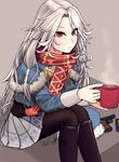  boots capelet commentary cup eyebrows eyebrows_visible_through_hair fur_trim girls_frontline gun handgun highres long_hair looking_at_viewer magazine_(weapon) makarov_(girls_frontline) makarov_pm mug pantyhose pistol red_eyes scarf silver_hair sitting testame weapon 