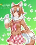  :3 animal_ears artist_name bad_id bad_pixiv_id blush brown_eyes brown_hair brown_legwear character_name commentary_request cowboy_shot empty_eyes eyebrows_visible_through_hair fang fur_collar gloves green_background highres japanese_wolf_(kemono_friends) japari_symbol kazamatsuri_nagi kemono_friends long_hair long_sleeves looking_at_viewer miniskirt multicolored_hair plaid plaid_skirt pleated_skirt red_skirt sailor_collar scientific_name skirt solo thighhighs white_gloves white_hair wolf_ears wolf_girl zettai_ryouiki 