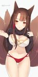  akagi_(azur_lane) animal_ears azur_lane bangs bikini black_sweater blush breasts brown_hair cleavage closed_mouth clothes_lift cowboy_shot fox_ears fox_tail grey_background hands_up highres himino0 kitsune large_breasts lifted_by_self long_hair long_sleeves looking_at_viewer mismatched_bikini multiple_tails red_bikini_bottom red_eyes simple_background skindentation smile solo standing sweater sweater_lift swimsuit tail thigh_gap thighs white_bikini_top 
