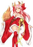  absurdres animal_ears antlers bell breasts christmas dress fate/grand_order fate_(series) fox_ears fox_tail highres japanese_clothes kimono large_breasts long_sleeves pink_hair rshow short_dress solo tail tamamo_(fate)_(all) tamamo_no_mae_(fate) twintails 