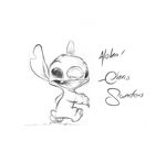 2006 alien big_nose chris_sanders claws disney experiment_(species) greyscale head_tuft head_turn lilo_and_stitch looking_at_viewer monochrome notched_ear open_mouth open_smile pencil_(artwork) signature simple_background sketch small_tail smile solo stitch traditional_media_(artwork) tuft walking white_background 