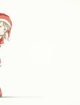  bangs blonde_hair blush boots capelet commentary drill_hair embarrassed fur_trim gomennasai grey_background hat idolmaster idolmaster_cinderella_girls leaning_to_the_side looking_at_viewer morikubo_nono parted_lips peeking_out pun red_capelet red_footwear red_hat santa_costume santa_hat shadow short_hair simple_background solo standing sweatdrop wavy_mouth 
