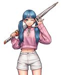  ;) bangs blue_eyes blue_hair blunt_bangs closed_mouth concealed_sword cowboy_shot highres holding holding_umbrella jungon_kim legs_apart lips long_sleeves navel one_eye_closed original over_shoulder pink_sweater shorts simple_background smile solo spread_fingers standing sweater sword twintails umbrella waving weapon white_background white_shorts 