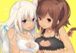  2girls :p alternate_costume animal_ears bangs bell bell_choker bell_collar black_bra blue_eyes blush bra breasts brown_eyes brown_hair cat_cutout cat_ears cat_girl cat_lingerie cat_tail choker cleavage cleavage_cutout collar commentary_request eyebrows_visible_through_hair flower frilled_bra frills fujisaki_hikari hair_ornament hairclip highres i-401_(kantai_collection) jingle_bell kantai_collection kemonomimi_mode lingerie long_hair looking_at_viewer meme_attire multiple_girls one-piece_tan ponytail ribbon ro-500_(kantai_collection) short_hair simple_background small_breasts smile tail tan tanline tongue tongue_out underwear underwear_only white_bra white_hair 