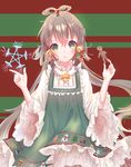  :o bangs bell blush brown_hair commentary dress eyebrows_visible_through_hair fingernails food gingerbread_man green_dress green_eyes hair_bell hair_between_eyes hair_ornament head_tilt hexagram highres holding holding_food long_hair long_sleeves low_twintails luo_tianyi parted_lips shirt sidelocks solo star star_of_david twintails very_long_hair vocaloid vocanese white_shirt wide_sleeves yaduo 