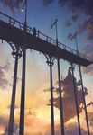  blue_sky bridge cloud cloudy_sky commentary_request floating_castle floating_island gradient_sky graphite_(medium) kaitan lamppost original railing scenery silhouette sky solo standing sunset traditional_media yellow_sky 