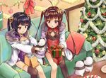  ahoge anchor_hair_ornament azur_lane bangs black_legwear blunt_bangs blush bow box breasts brown_hair china_dress chinese_clothes christmas christmas_tree cleavage cleavage_cutout closed_mouth coat couch dress eyebrows_visible_through_hair feet_out_of_frame gift gift_box hair_ornament hair_rings hairband heart holding holding_stuffed_animal indoors long_hair long_sleeves medium_breasts multiple_girls ning_hai_(azur_lane) on_couch open_clothes open_coat ping_hai_(azur_lane) purple_dress purple_eyes racchi. red_bow red_dress red_eyes single_thighhigh sitting small_breasts smile stuffed_animal stuffed_panda stuffed_toy table thighhighs white_coat white_hairband 