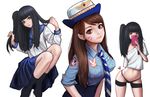  absurdres aqua_eyes bangs black_hair black_legwear black_panties blue_hat blue_skirt blunt_bangs breast_pocket breasts brown_eyes brown_hair cellphone closed_mouth contrapposto cowboy_shot d.va_(overwatch) emblem facial_mark hat head_tilt heart highres holding holding_phone jungon_kim kneehighs knees_up large_breasts leaning_forward lips long_hair long_sleeves looking_at_viewer medium_skirt multiple_girls multiple_views name_tag navel necktie no_shoes off_shoulder officer_d.va one_side_up original overwatch panties parted_lips phone pocket police police_hat police_uniform policewoman school_uniform shirt short_sleeves simple_background sitting skirt smartphone smile standing striped striped_neckwear swept_bangs taking_picture underwear uniform upper_body whisker_markings white_background white_shirt 