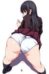  1girl ass bent_over black_eyes black_hair black_legwear black_shirt black_skirt enty_reward female hidden_mouth long_hair looking_at_viewer looking_back matsunaga_kouyou original panties panties_aside profile pussy_juice pussy_juice_drip shadow shiny shiny_skin shirt shoes skirt skirt_lift solo white_background white_panties 