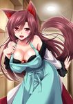 :d animal_ears apron bare_shoulders blush breasts brooch brown_hair cleavage commentary_request dress eyebrows_visible_through_hair fingernails imaizumi_kagerou indoors jewelry large_breasts long_hair long_sleeves looking_at_viewer nail_polish off_shoulder open_mouth red_eyes red_nails shiny shiny_hair smile solo tail touhou very_long_hair wide_sleeves wolf_ears wolf_tail yamu_(reverse_noise) 