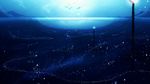  blue blue_sky commentary_request fantasy grass highres horizon lake lamppost light_particles nature night night_sky no_humans original outdoors power_lines scenery sky valley y_y_(ysk_ygc) 