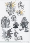  1girl angel_wings armor arrow artbook bandai bow claws demon_girls digimon digimon_story:_cyber_sleuth dress female full_armor full_body horns leomon lilithmon lucemon lucemon_falldown_mode monochrome monster multiple_boys muscle no_humans royal_knights scan serious seven_great_demon_lords short_hair simple_background smile solo standing succubus tail 