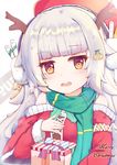  absurdres alternate_costume azur_lane bad_id bad_pixiv_id blush christmas christmas_gift commentary_request earmuffs graphite_(medium) hair_ornament hairclip highres looking_at_viewer merry_christmas mole mole_under_eye open_mouth santa_costume scarf silver_eyes silver_hair solo traditional_media yue_(qtxyjiang) z46_(azur_lane) 