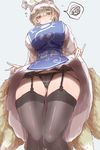  ass_visible_through_thighs black_legwear black_panties blonde_hair breasts cameltoe commentary_request dress dress_lift fox_shadow_puppet from_below garter_belt hat highres kaizu_(kaizukurodai) large_breasts lifted_by_self looking_at_viewer ofuda panties pillow_hat simple_background solo spoken_squiggle squiggle standing tabard thighhighs touhou underwear white_dress white_hat yakumo_ran yellow_eyes 
