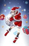  androgynous bell belt black_legwear blue_eyes boots bow bowtie capelet christmas commentary_request eyebrows_visible_through_hair fur_trim gift hair_between_eyes hat highres holly hyuuga_masamune jacket jingle_bell kangetsu_(fhalei) long_sleeves looking_at_viewer male_focus red_footwear red_hat red_jacket red_shorts sack santa_costume santa_hat shorts silver_hair smile snowflakes socks solo touken_ranbu 