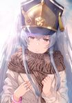  altair_(re:creators) backlighting bangle bangs black_hat blush bracelet breath brown_eyes brown_scarf casual coat commentary eyebrows_visible_through_hair glint grey_coat hair_between_eyes hands_on_own_chest hat head_tilt hews_hack highres jewelry lips long_hair long_sleeves looking_at_viewer re:creators ring scarf shiny shiny_hair sidelocks silver_hair solo tassel tsurime twintails upper_body winter_clothes winter_coat 