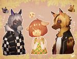  1girl 2boys ? animal_ears bangs blonde_hair bob_cut brown_eyes brown_hair caramel_(doubutsu_no_mori) dog_ears dog_girl doubutsu_no_mori fur_trim furry grey_hair half-closed_eyes horse_boy horse_ears leaf m/g multicolored_hair multiple_boys red_eyes ricardo_(doubutsu_no_mori) schwartz_(doubutsu_no_mori) short_hair two-tone_hair wolf_boy wolf_ears 