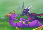  cynder detailed_background digital_media_(artwork) dragon duo eyes_closed feral grass green_eyes horn icelectricspyro membranous_wings open_mouth scalie smile spines spyro spyro_the_dragon teeth tongue video_games western_dragon wings 