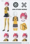  1girl aiba_ami artbook artist_name backpack bag bandai black_footwear black_gloves black_skirt blue_eyes character_sheet digimon digimon_story:_cyber_sleuth female full_body gloves goggles goggles_on_head leg_lift official_art pigeon-toed pleated_skirt print_gloves print_legwear print_shirt raglan_sleeves red_hair scan shiny shirt shoes side_ponytail simple_background single_glove skirt smile solo standing thighhighs yasuda_suzuhito yellow_legwear yellow_shirt zettai_ryouiki 