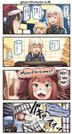  4girls 4koma :d ;d animal ark_royal_(kantai_collection) bear bismarck_(kantai_collection) black_hair blonde_hair blue_eyes brown_eyes cat christmas christmas_tree closed_eyes comic commentary defenestration destruction english fake_facial_hair fake_mustache german hair_between_eyes hat highres ido_(teketeke) iowa_(kantai_collection) jitome kantai_collection knees_to_chest kotatsu leg_hug long_hair multiple_girls nagato_(kantai_collection) no_hat no_headwear one_eye_closed open_mouth pantyhose pom_pom_(clothes) red_hair santa_hat sliding_doors smile speech_bubble table television translated unsinkable_sam v-shaped_eyebrows white_legwear wojtek_(ido) 