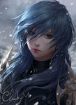  artist_name blue_hair chuby_mi closed_mouth commentary final_fantasy final_fantasy_xiv green_eyes highres igeyorhm lips long_hair looking_at_viewer nose portrait realistic signature solo watermark 