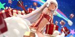  :d altera_(fate) altera_the_santa bangs bare_shoulders beltbra blunt_bangs blush box bra breasts choker commentary dark_skin detached_sleeves earmuffs fate/grand_order fate_(series) gift gift_box highres markings mittens navel open_mouth red_bra red_eyes short_hair sky small_breasts smile star_(sky) starry_sky sword tsuuhan underwear veil weapon white_hair 