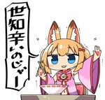  :3 :d animal_ear_fluff animal_ears bell blue_eyes blush_stickers bow bowl bowtie chibi china_dress chinese_clothes chopsticks commentary_request dress eyebrows_visible_through_hair fox_ears hair_bow hand_up jingle_bell kanikama kemomimi_oukoku_kokuei_housou long_hair long_sleeves looking_at_viewer lowres mikoko_(kemomimi_oukoku_kokuei_housou) open_mouth red_bow simple_background smile solo translated twintails virtual_youtuber white_background 