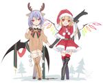  alternate_costume antlers bat_wings black_footwear black_gloves blonde_hair boots brown_footwear capelet cross-laced_footwear dress elbow_gloves flandre_scarlet fur_collar gloves hand_up hat highres holding_hands lace-up_boots looking_at_viewer multiple_girls open_mouth outstretched_arm pink_eyes red_dress red_eyes red_hat remilia_scarlet short_dress siblings simple_background sisters smile standing touhou toutenkou white_background wings 