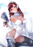  animal_ears arm_support armpits ataruman bangs black_legwear black_ribbon blush breasts brown_eyes brown_hair bunny_ears bunnysuit cleavage closed_mouth collar d.va_(overwatch) detached_sleeves elbow_gloves facepaint facial_mark fake_animal_ears gloves gun hair_over_shoulder hair_ribbon handgun head_tilt headphones hexagon highres holding holding_gun holding_weapon leotard long_hair long_sleeves looking_at_viewer low_twintails medium_breasts overwatch reclining ribbon see-through shiny shiny_clothes simple_background skin_tight skindentation smile smug solo strapless strapless_leotard thighhighs trigger_discipline twintails weapon whisker_markings white_background white_leotard 