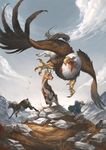  ambiguous_gender avian beak beard brown_feathers caprine claws day detailed_background digital_media_(artwork) facial_hair feathered_wings feathers feral goat grass group hippogryph human male mammal open_mouth outside pechschwinge rock sky wings 