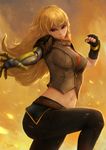  :| artist_name bangs black_pants blonde_hair breasts clenched_hand closed_mouth commentary fingerless_gloves gloves isaac_liew long_hair medium_breasts midriff navel pants partially_unzipped purple_eyes rwby signature solo stomach yang_xiao_long yellow zipper 