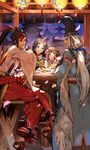  2girls :d abe_no_seimei_(onmyoji) absurdres alcohol architecture black_gloves black_hair blue_eyes brown_hair chair dog east_asian_architecture eye_contact fingerless_gloves fish_hair_ornament food food_request fox gloves hair_ornament highres indoors kagura_(onmyoji) katana kohaku_(onmyoji) lantern long_hair looking_at_another minamoto_no_hiromasa multiple_boys multiple_girls night onmyoji open_mouth paper_lantern parted_lips ponytail red_eyes sake sandals short_hair sitting smile sparkling_eyes sword toujou_bun very_long_hair weapon white_hair yaobikuni_(onmyoji) 