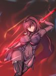  absurdres aster_crowley bodysuit breasts covered_navel covered_nipples fate/grand_order fate_(series) gae_bolg highres holding holding_weapon huge_breasts long_hair looking_at_viewer polearm purple_hair red_eyes scathach_(fate)_(all) scathach_(fate/grand_order) smile solo spear weapon 