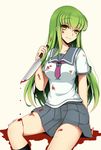  aragaki_ayase aragaki_ayase_(cosplay) arm_support bangs black_legwear blood blood_on_face bloody_clothes bloody_knife bloody_tears c.c. code_geass collarbone cosplay eyebrows_visible_through_hair green_hair grey_skirt hair_between_eyes highres holding holding_knife knife long_hair looking_at_viewer lucky_keai miniskirt neckerchief ore_no_imouto_ga_konna_ni_kawaii_wake_ga_nai pleated_skirt purple_neckwear school_uniform serafuku shirt short_sleeves signature simple_background sitting skirt smile solo very_long_hair white_background white_shirt yellow_eyes 