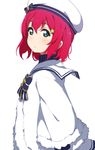  aqua_eyes bad_id bad_pixiv_id beret bow bowtie eighth_note eyebrows_visible_through_hair fur-trimmed_sleeves fur_trim hat hat_bow highres icehotmilktea kurosawa_ruby long_sleeves looking_at_viewer love_live! love_live!_sunshine!! musical_note parted_lips red_hair sailor_collar short_hair simple_background solo striped striped_neckwear two_side_up upper_body white_background wide_sleeves 