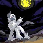  absol claws cloud dutch_angle feet full_body hair_over_one_eye horn jkwaipa0926 mega_absol mega_pokemon moon night_sky no_humans open_mouth outdoors paws pokemon pokemon_(creature) pokemon_rse red_eyes sky solo standing tail text translation_request white_hair wings 