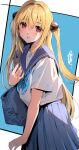  1girl alternate_costume bag blonde_hair blue_sailor_collar blue_skirt blush hair_between_eyes highres konjiki_no_yami long_hair looking_at_viewer nakano_maru parted_lips red_eyes sailor_collar school_bag school_uniform serafuku skirt solo to_love-ru to_love-ru_darkness two_side_up very_long_hair 