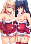  asymmetrical_docking bare_shoulders black_hair blonde_hair blue_eyes breast_press breasts christmas cleavage commentary_request daiaru dress dress_lift dress_pull elbow_gloves fur_trim garter_straps gloves hair_ribbon highres large_breasts long_hair looking_at_viewer multiple_girls neptune_(series) nipples noire red_dress red_eyes red_gloves red_legwear ribbon santa_costume sleeveless smile strapless strapless_dress thighhighs tube_dress twintails vert 